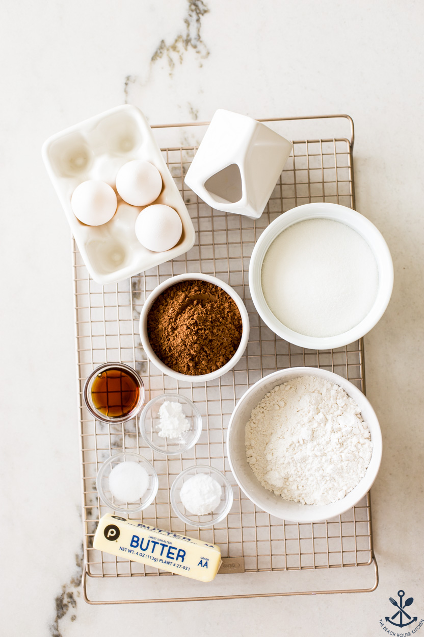 Overhead photo of ingredients for a chocolate loaf cake
