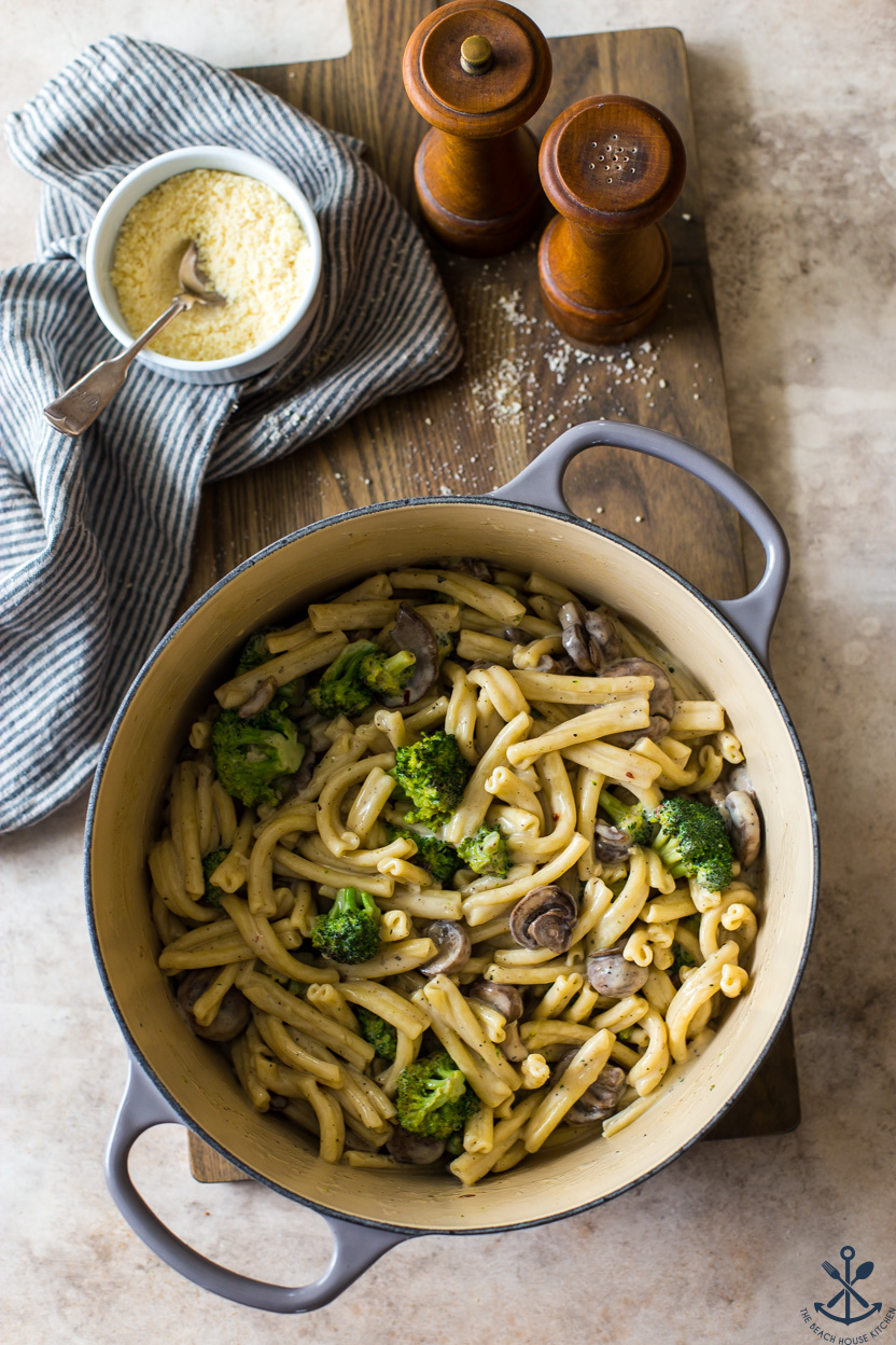 Overhead photo of a pot of Creamy Garlic Broccoli Mushroom Pasta