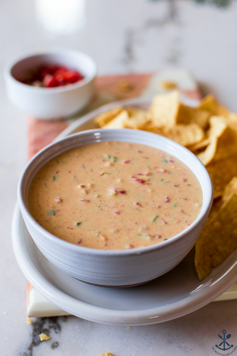 Up close photo of a bowl of queso