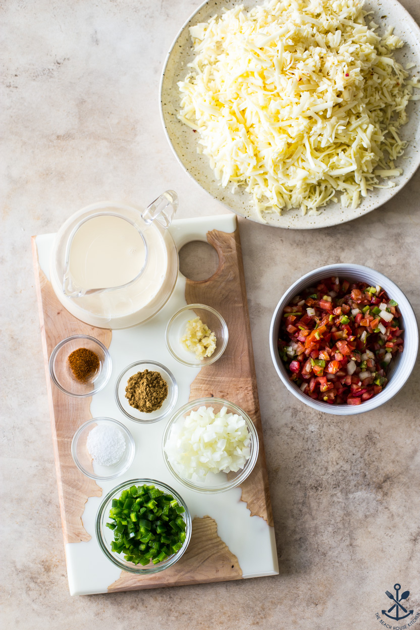 Overhead photo of ingredients for queso dip