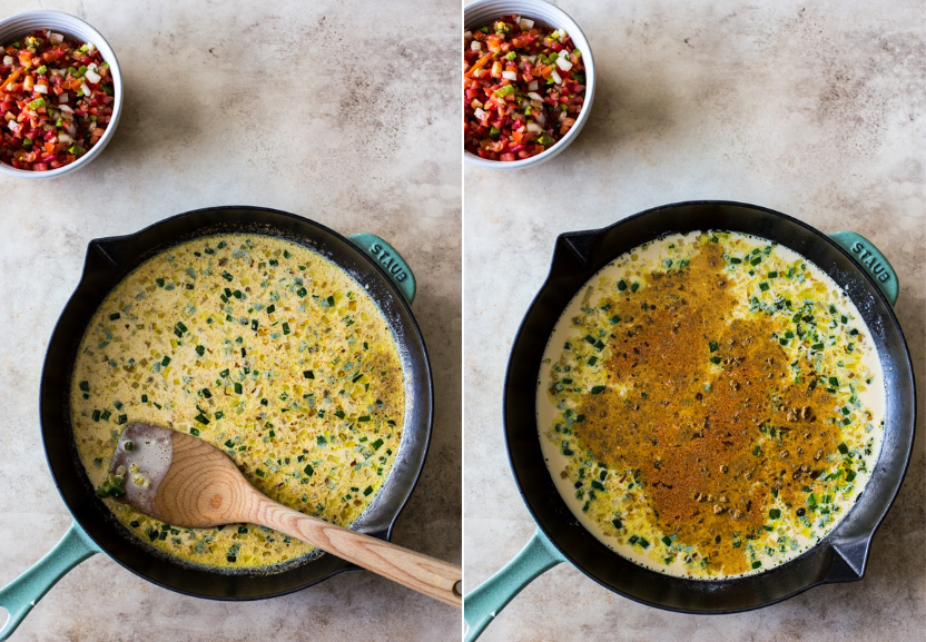 Diptich of a skillet of queso and a skillet of queso topped with spices