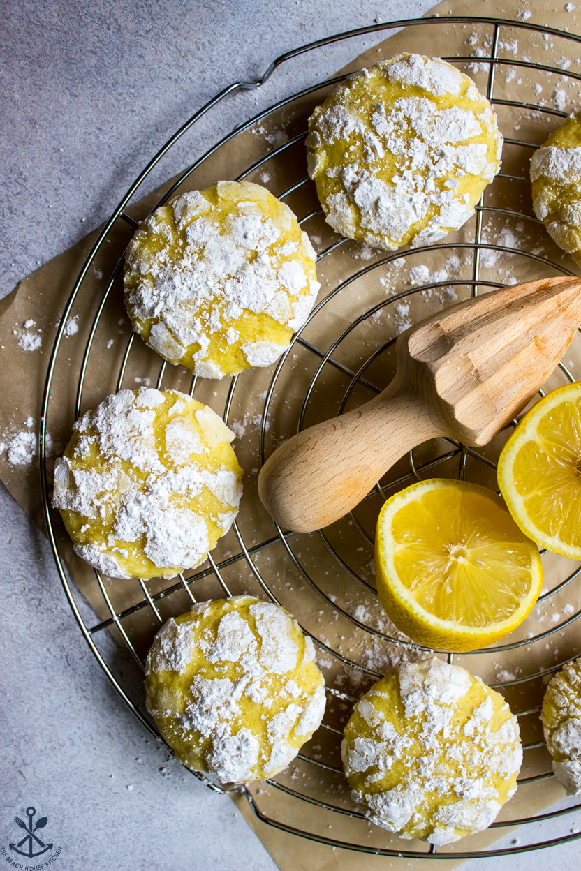 Overhead photo of lemon cookies on a round wire rack