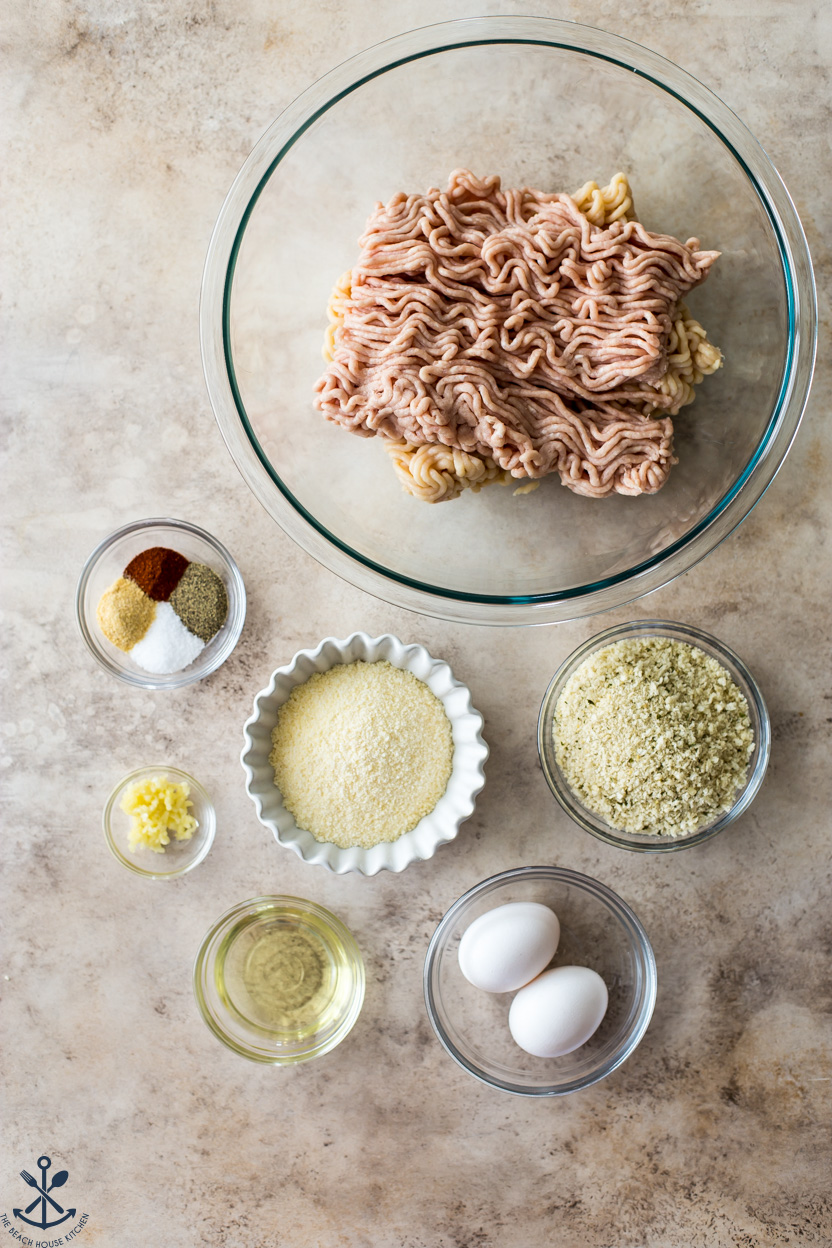 Overhead photo of ingredients for chicken meatballs