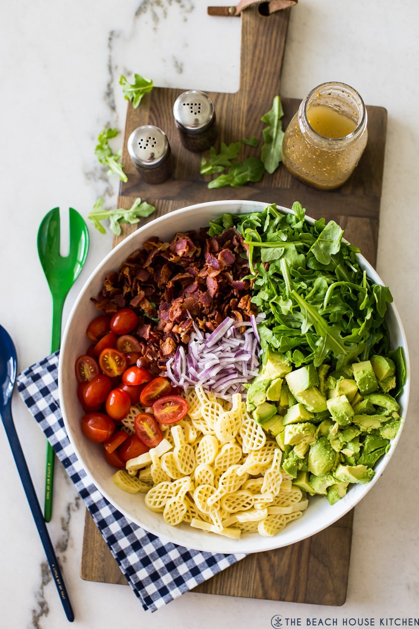 Overhead photo of a pre-tossed BLT pasta salad