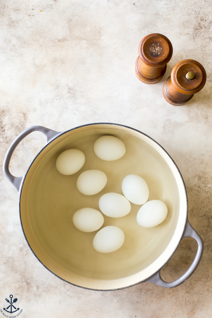 Overhead photo of a pot filled with water and whole eggs