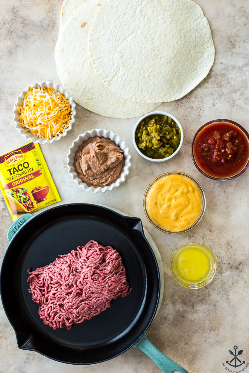Overhead photo of ingredients for beef sheet pan quesadillas