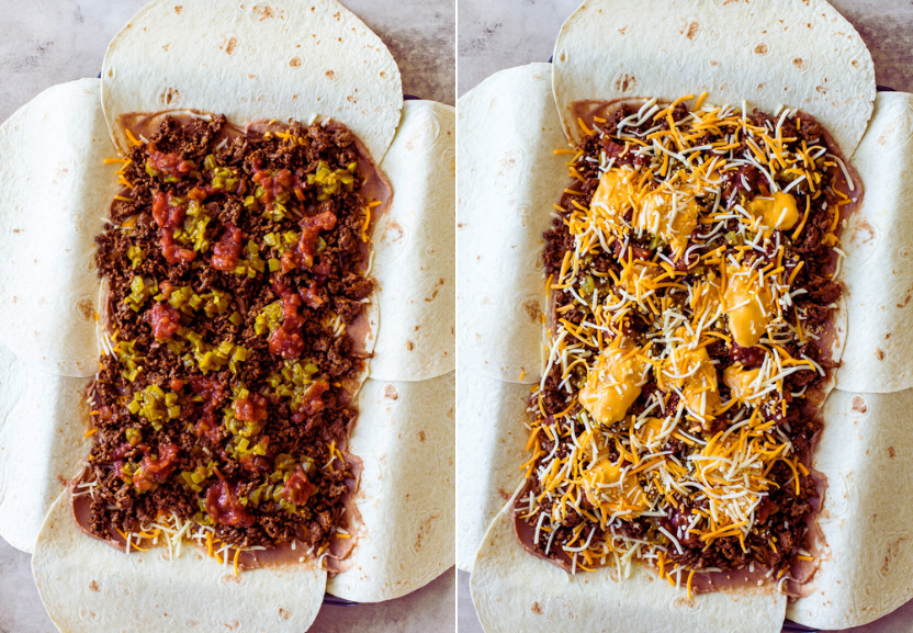 Diptich of sheet pan quesadillas with ground beef