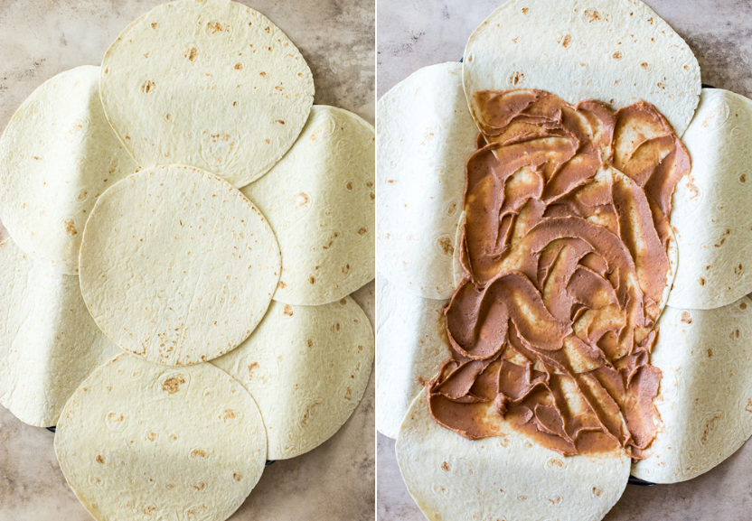 Diptich or tortillas lined in a sheet pan and tortillas spread with refried beans