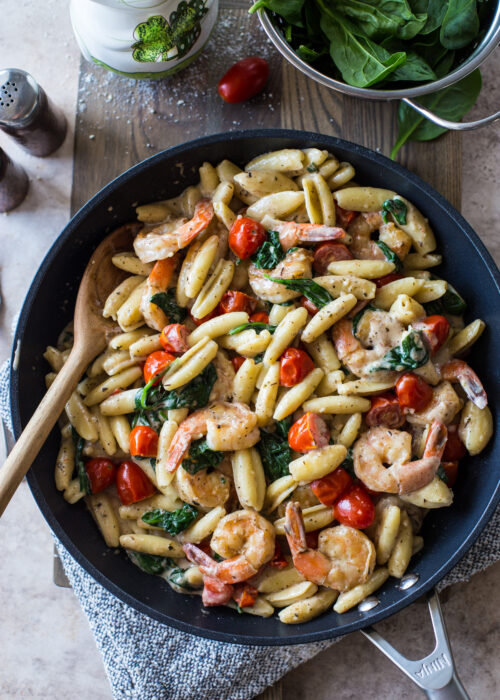 Shrimp Pasta with Garlic Cream Sauce Tomatoes and Spinach - The Beach ...