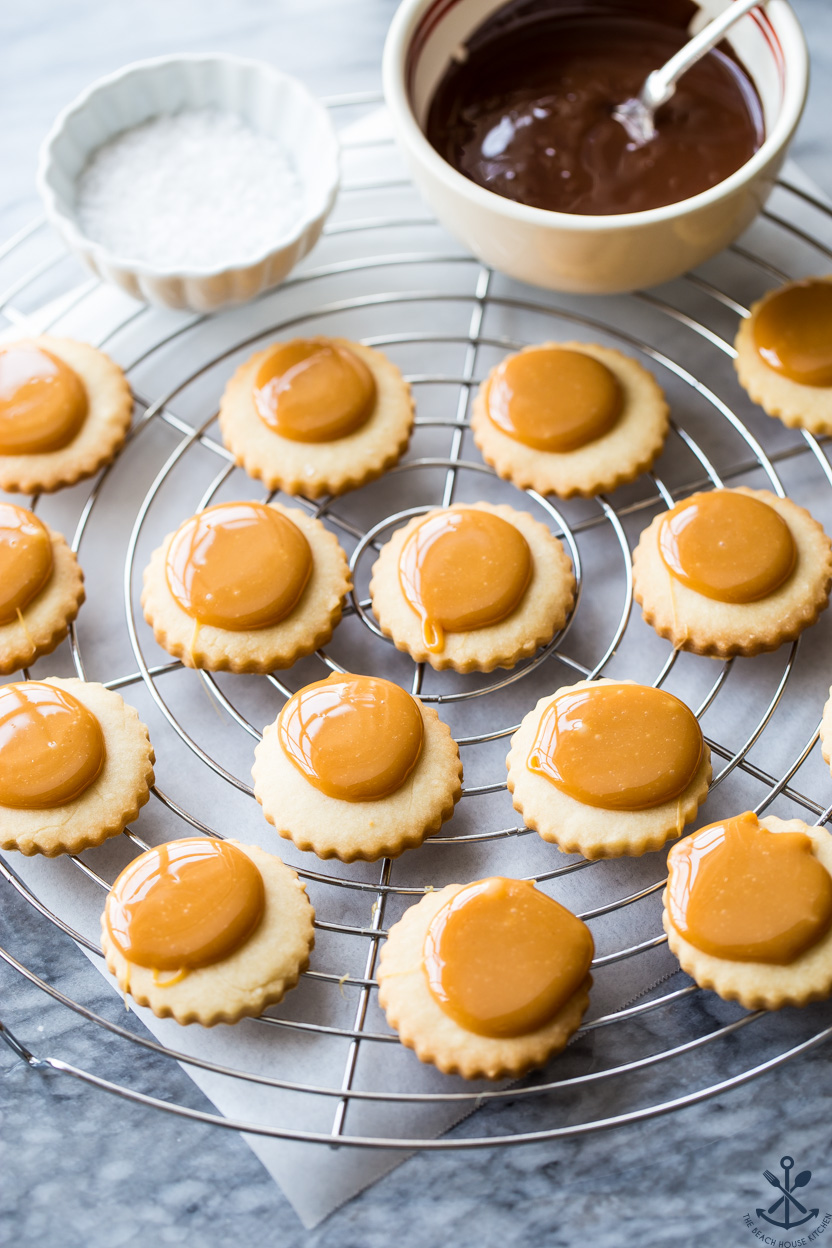 Up close photo of a shortbread cookies topped with melted caramel