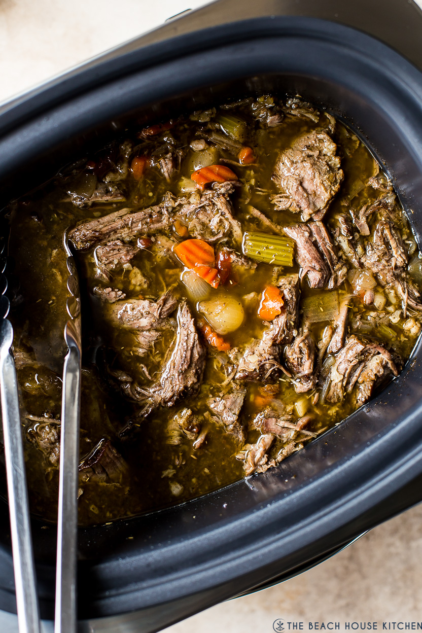 Up close overhead photo of Slow Cooker Italian Beef