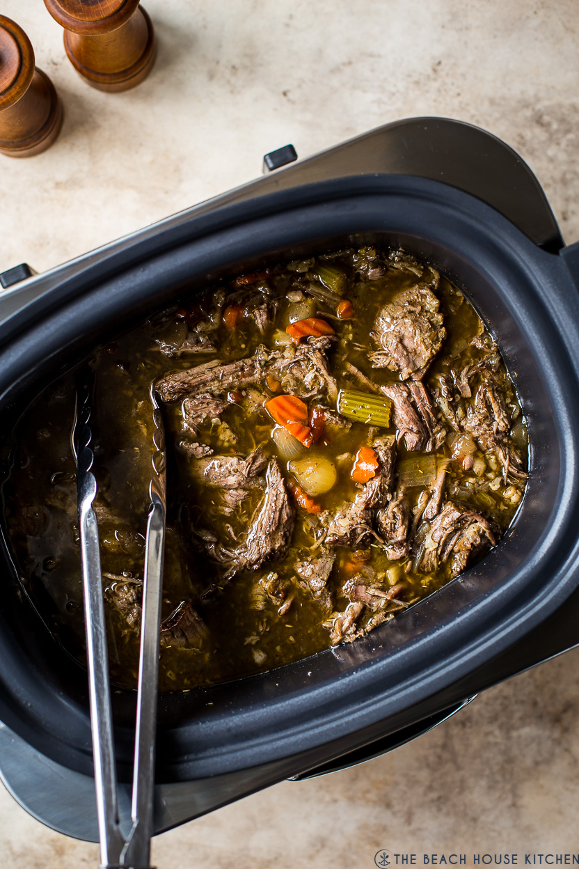 Overhead photo of Italian beef in a slow cooker