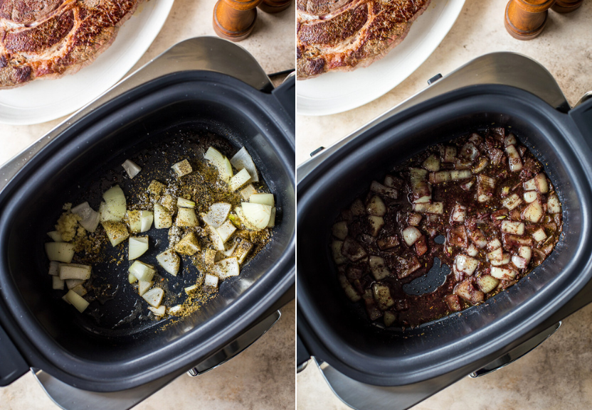 Diptich of onions on a slow cooker with spices and wine