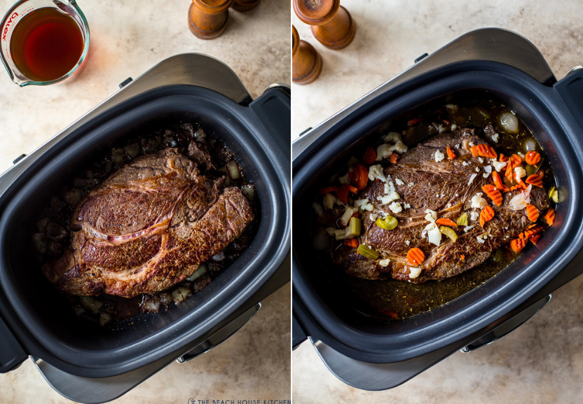 Diptich of chuck roast in slow cooker and chuck roast covered in pickled veggies in slow cooker