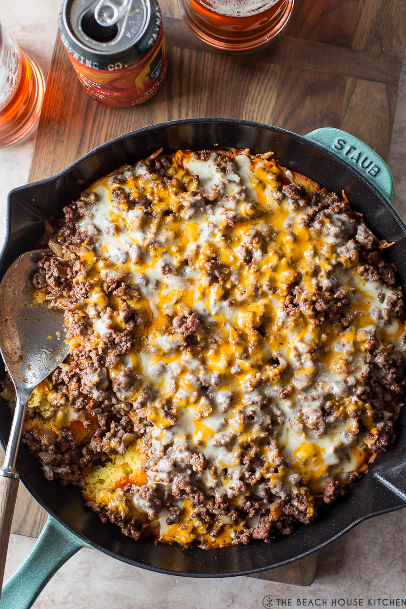 Up close overhead photo of a tamale pie in a skillet