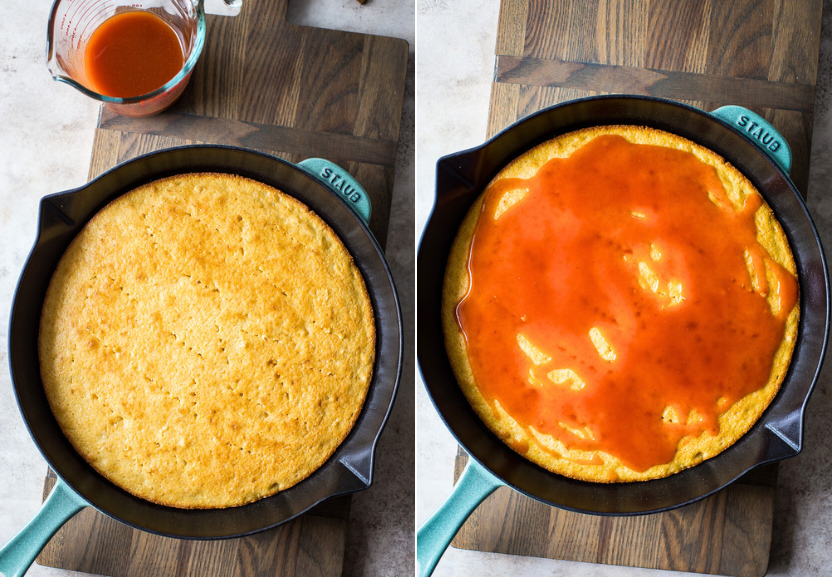 Diptich of a skillet cornbread and a cornbread topped with red enchilada sauce