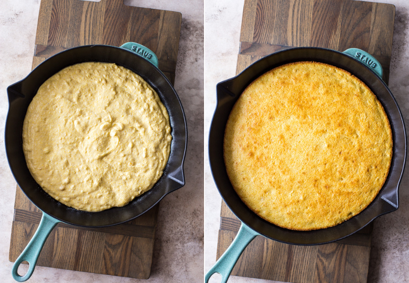 A diptich of a skillet of pre-baked cornbread and a skillet of baked cornbread