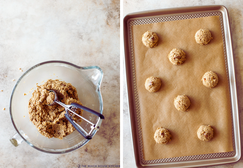Dipich of a bowl of cookie dough and a baking sheet with cookie dough balls on it