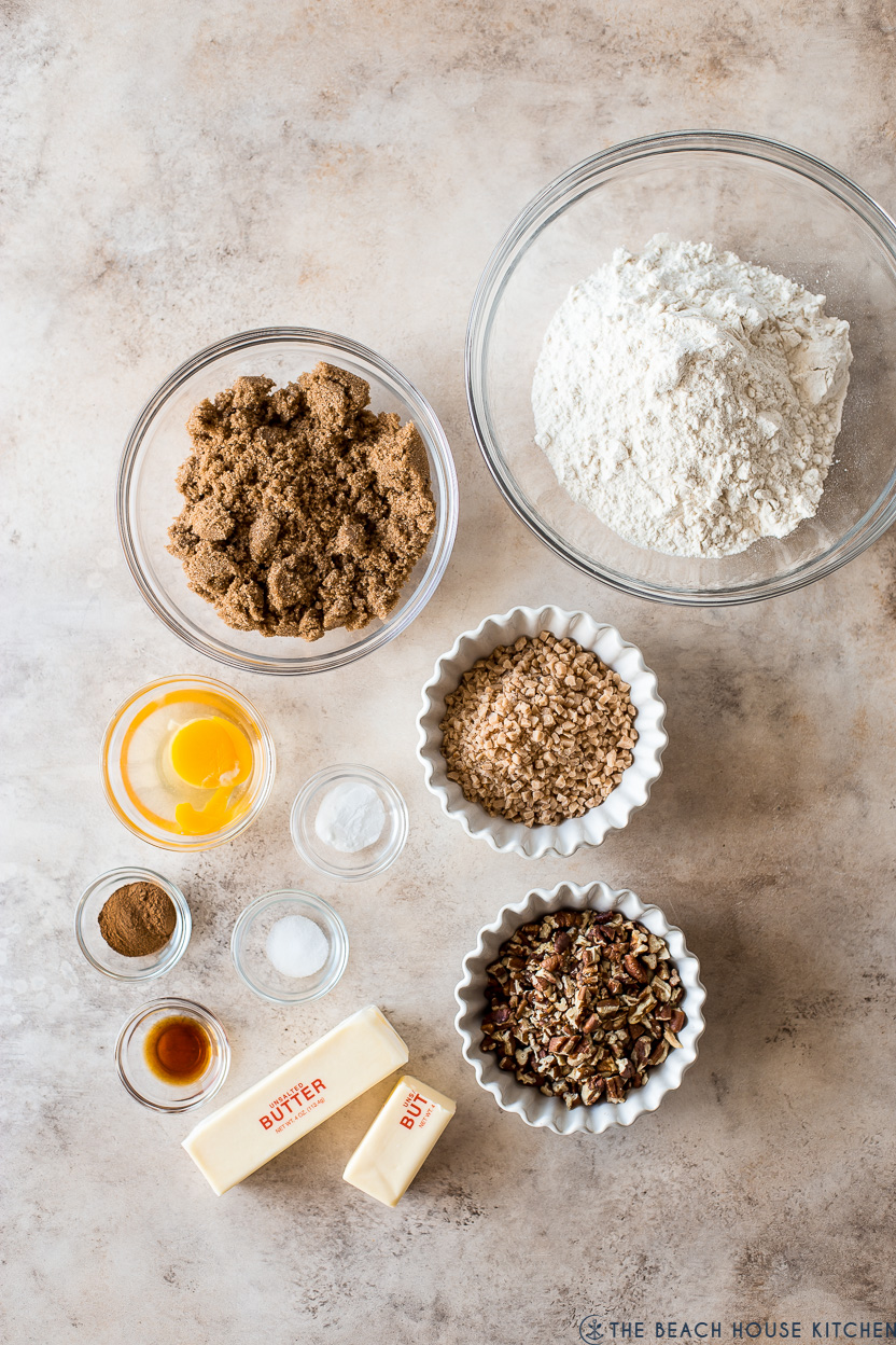 Overhead photo of ingredients for pecan toffee cookies