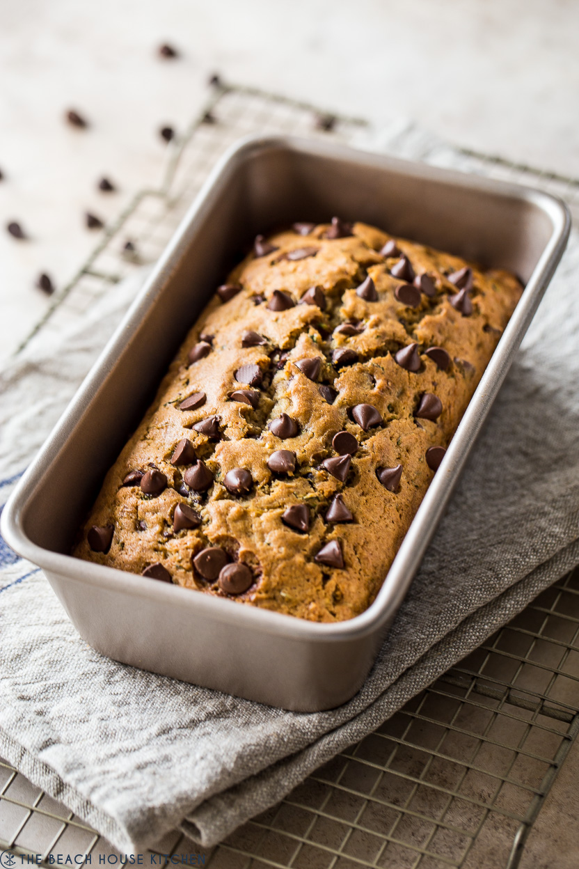 A loaf pan of chocolate chip bread