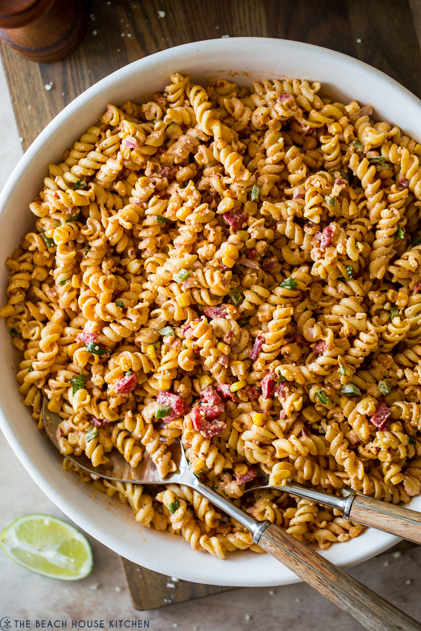 Overhead photo of a bowl of Mexican Street Corn Pasta Salad