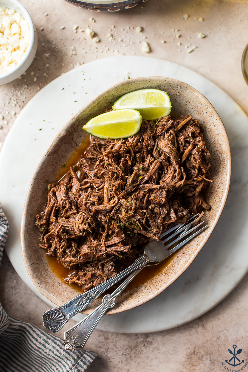 Up close overhead photo of a plate of beef barbacoa