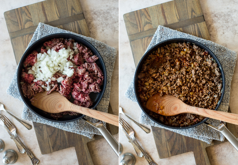 Diptich of a skillet of precooked ground beef and onions and cooked ground beef and onions