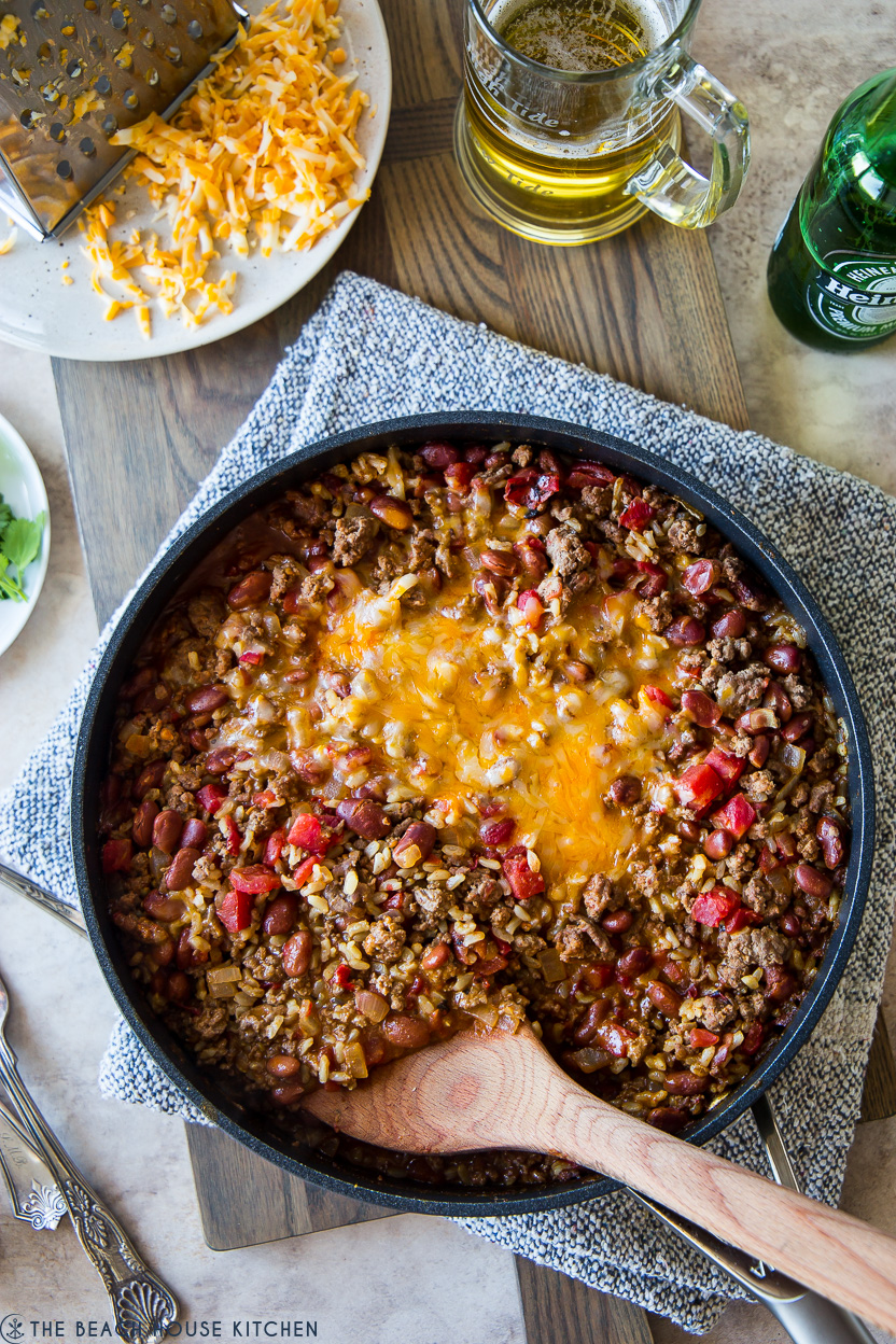 Overhead photo of a beef burrito skillet