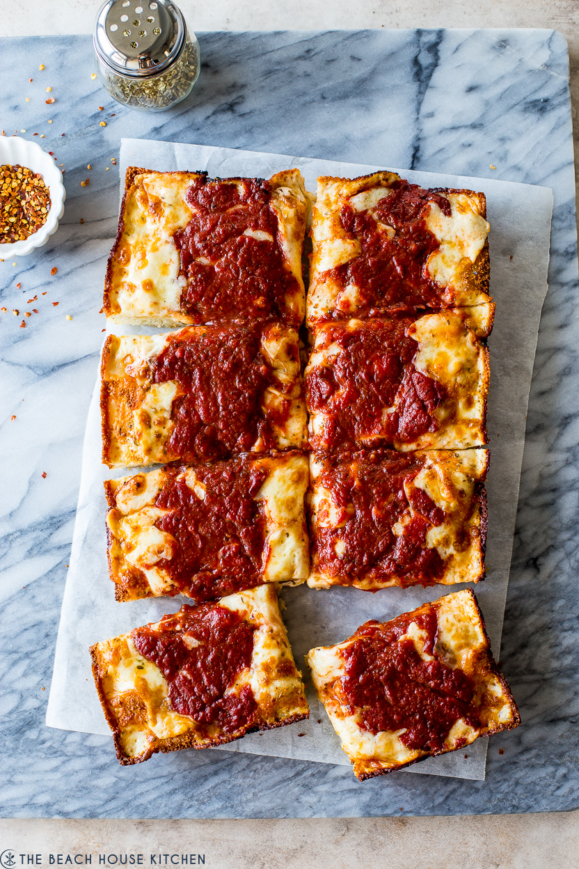 Overhead photo of a Detroit-Style pizza