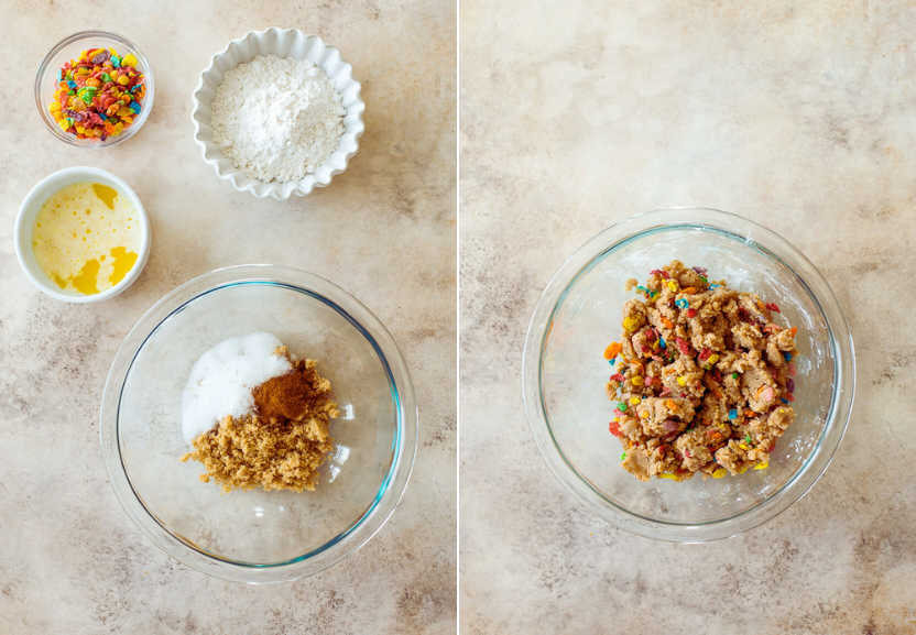 Diptich of pre-mixed crumb topping ingredients and mixed topping ingredients