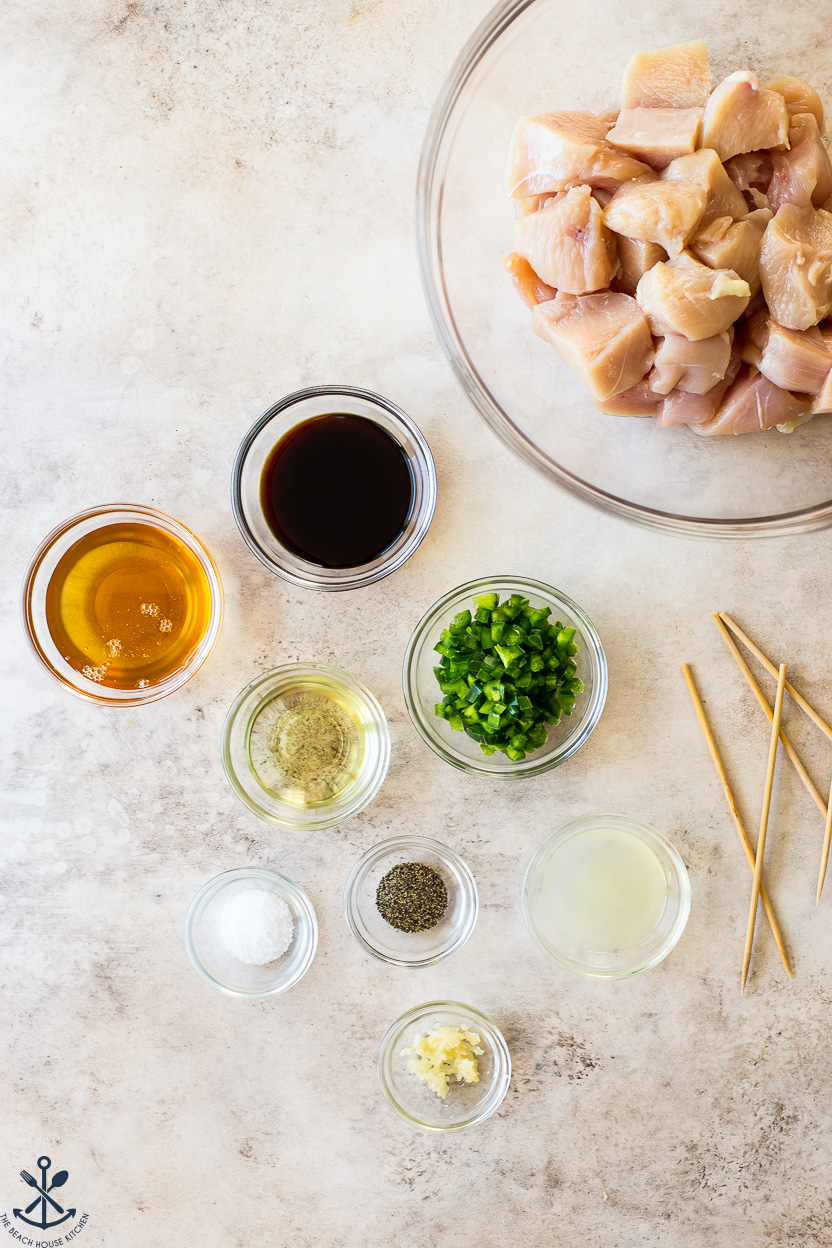 Overhead photo of ingredients for honey jalapeno lime chicken marinade