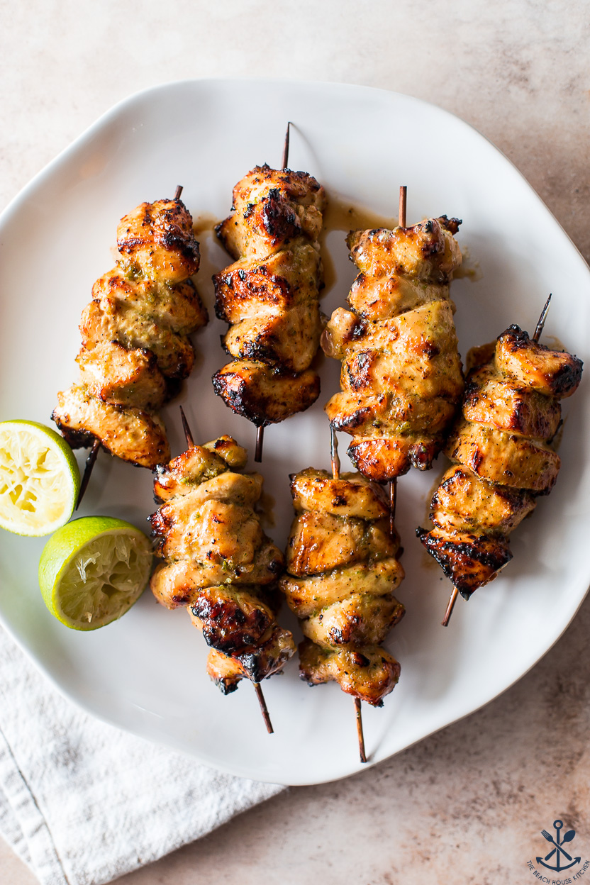 Up close overhead photo of Air Fryer Honey Jalapeño Lime Chicken Skewers 
