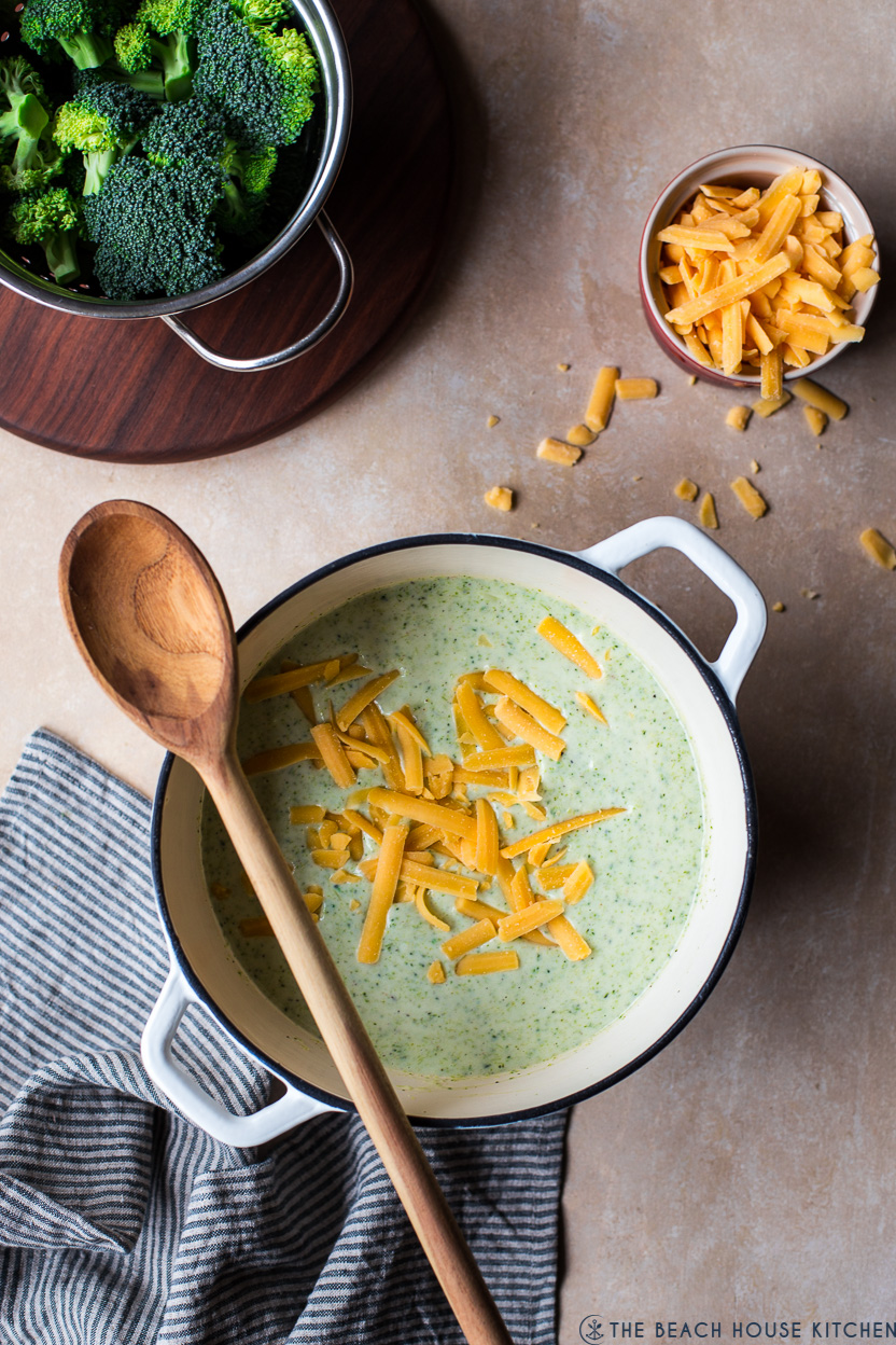 Overhead photo of a pot of cream of broccoli soup