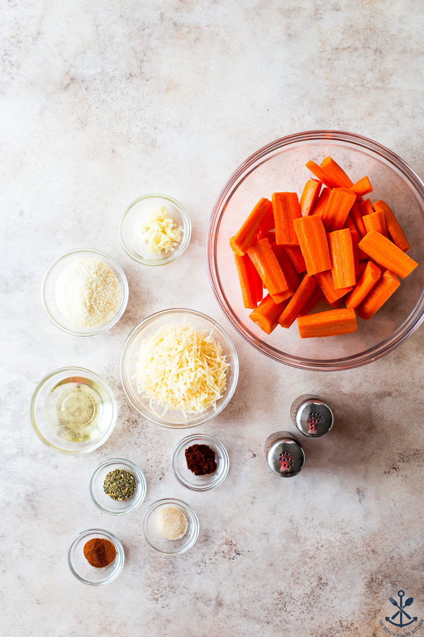 Overhead photo of ingredients for parmesan carrots