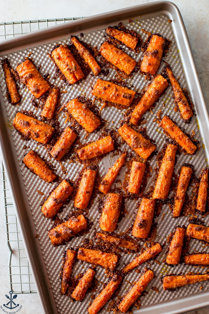 Overhead photo of a tray of Parmesan Roasted Carrots