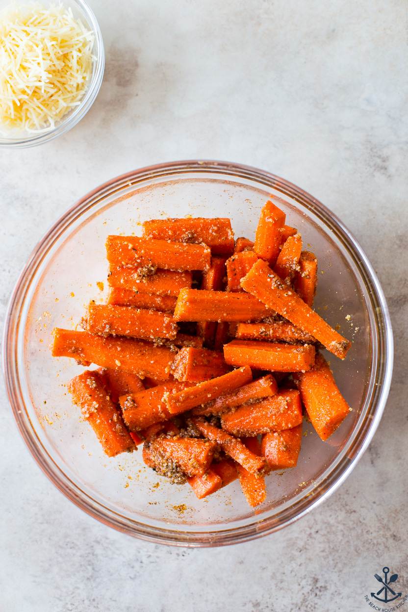Overhead photo of a bowl of parmesan coated carrots