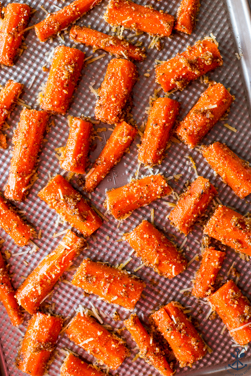 Overhead photo of pre-baked parmesan carrots