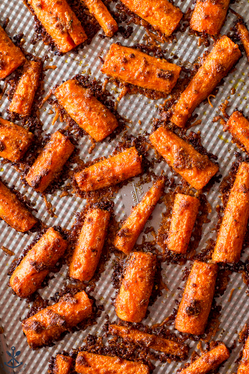 Up close overhead photo of parmesan roasted carrots