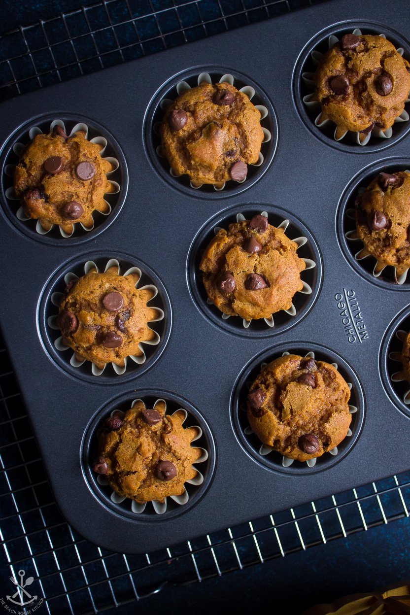 Overhead photo of Pumpkin Chocolate Chip Muffins in a muffin tin