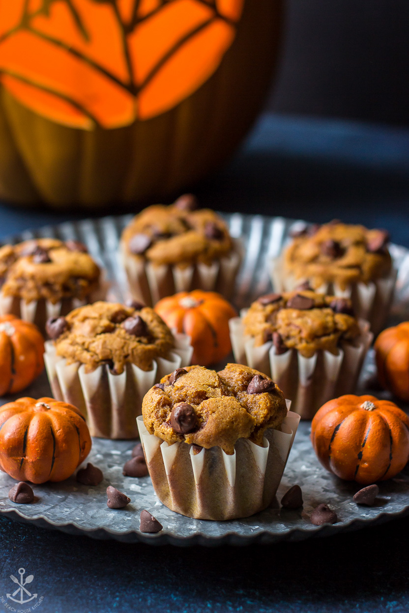 Pumpkin Chocolate Chip Muffins on a silver tray