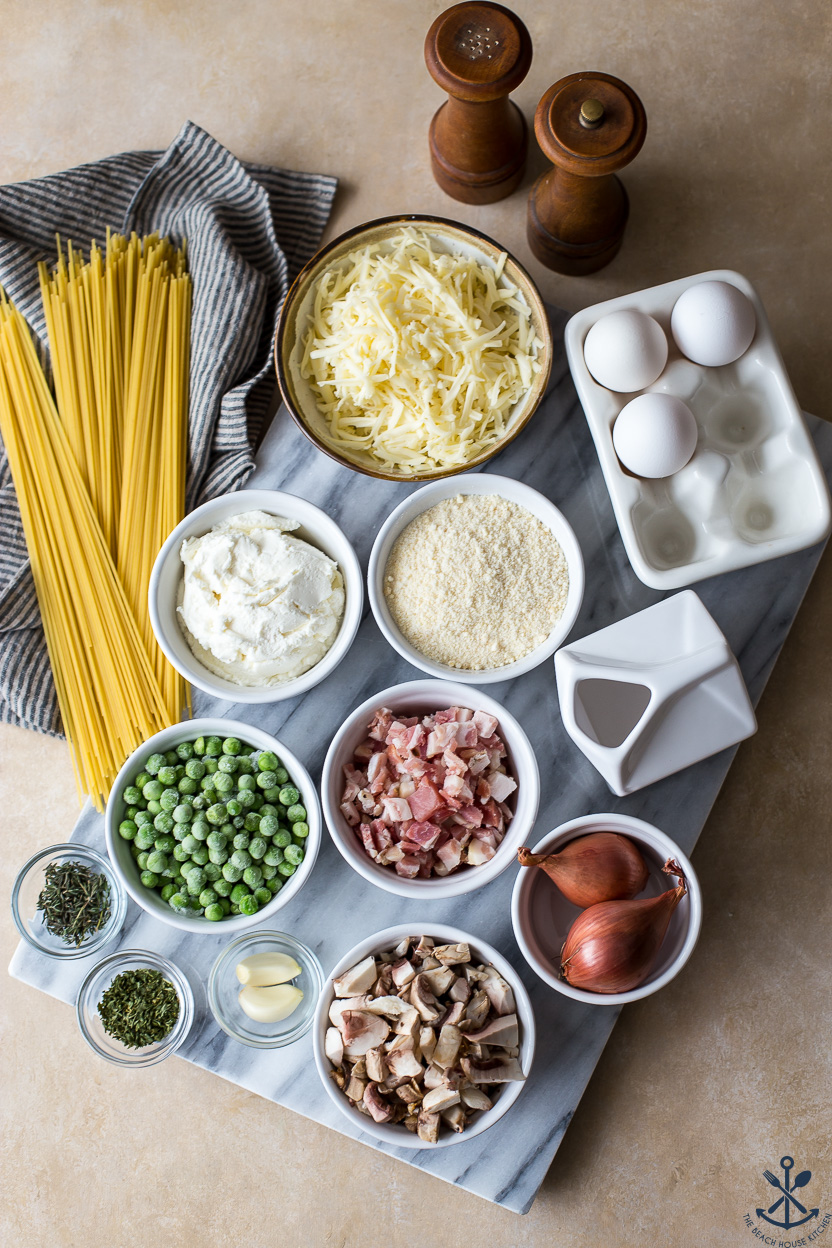 Overhead photo of ingredients for spaghetti pie