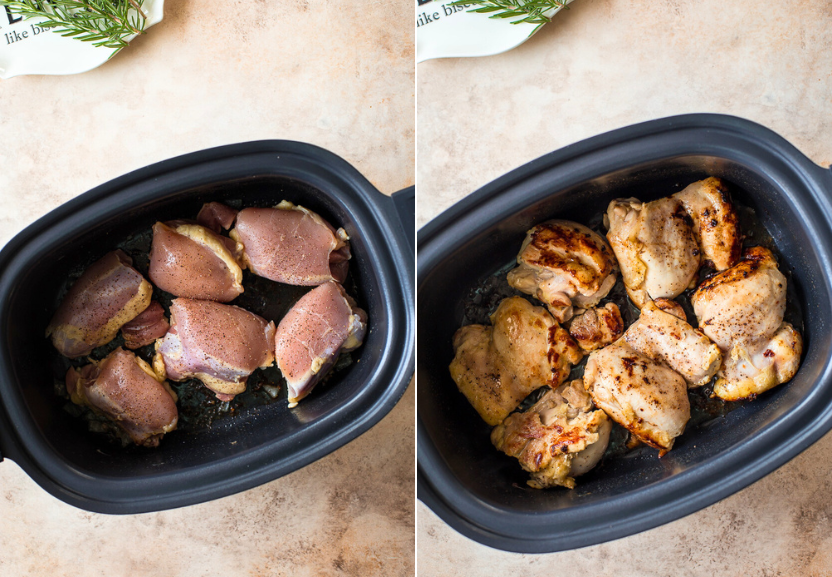 Diptich of raw chicken in slow cooker in one photo and cooked in the other