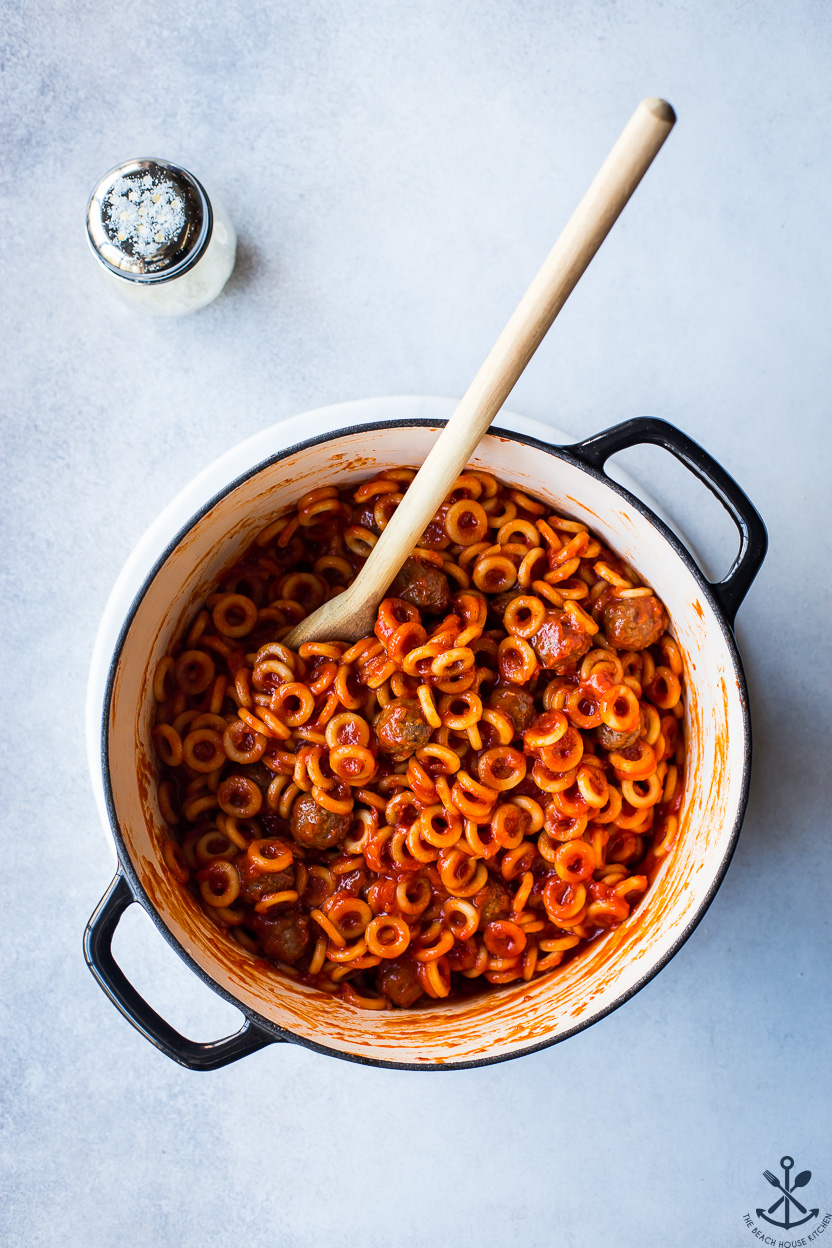 Overhead photo of a pot of spaghettiO's