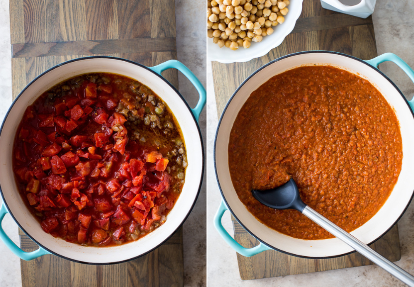 Diptich of whole diced tomatoes in a skillet and pureed tomatoes in a skillet