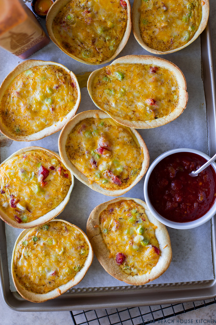 Up close overhead photo of Mexican Taco Boat Quiches