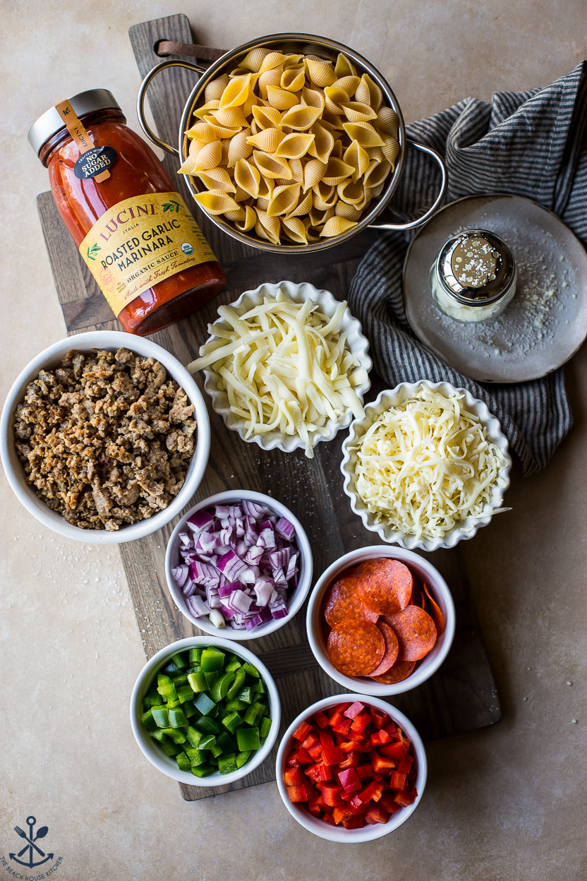 Overhead photo of ingredients for supreme pizza mac and cheese