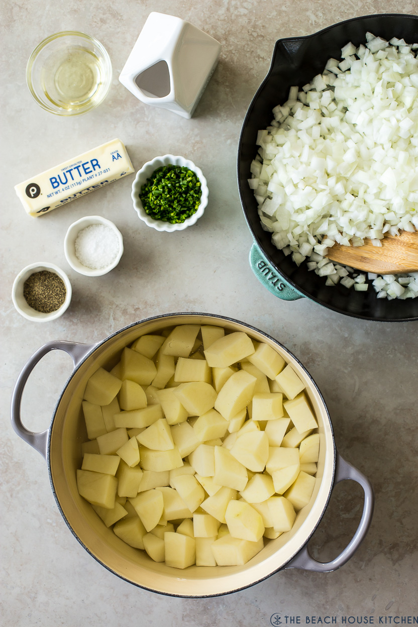 Overhead photo of ingredients for a mashed potato recipe