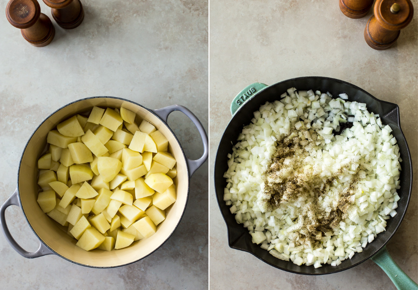 Diptich of a pot of cubed potatoes and a skillet of chopped onions