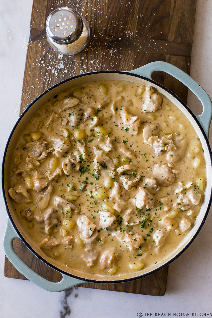 Overhead photo of a skillet filled with a creamy chicken and gnocchi