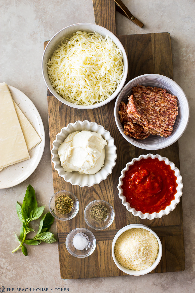 Overhead photo of ingredients for lasagna cups